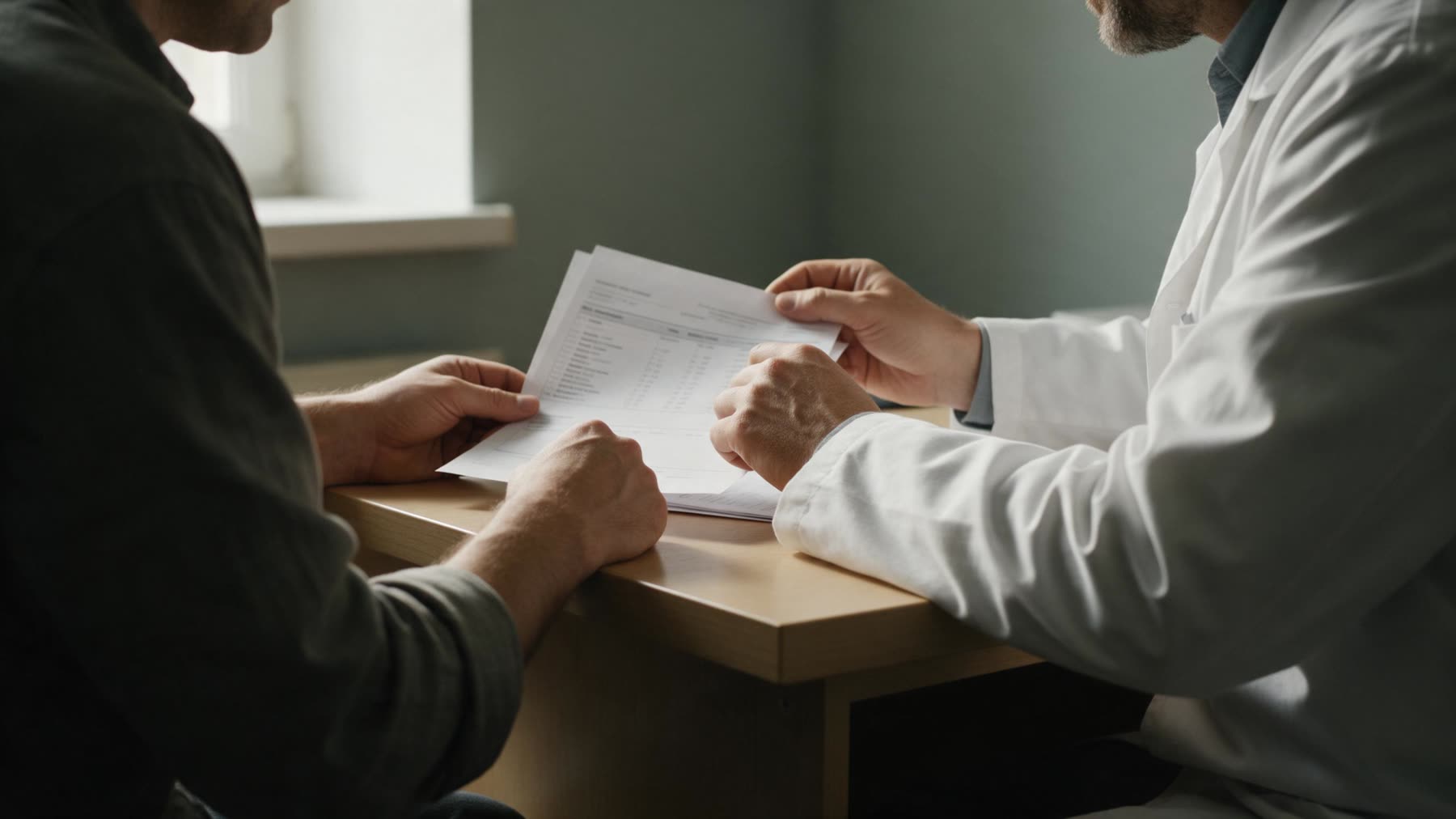 Médico y paciente revisando resultados de laboratorio sobre el escritorio del consultorio