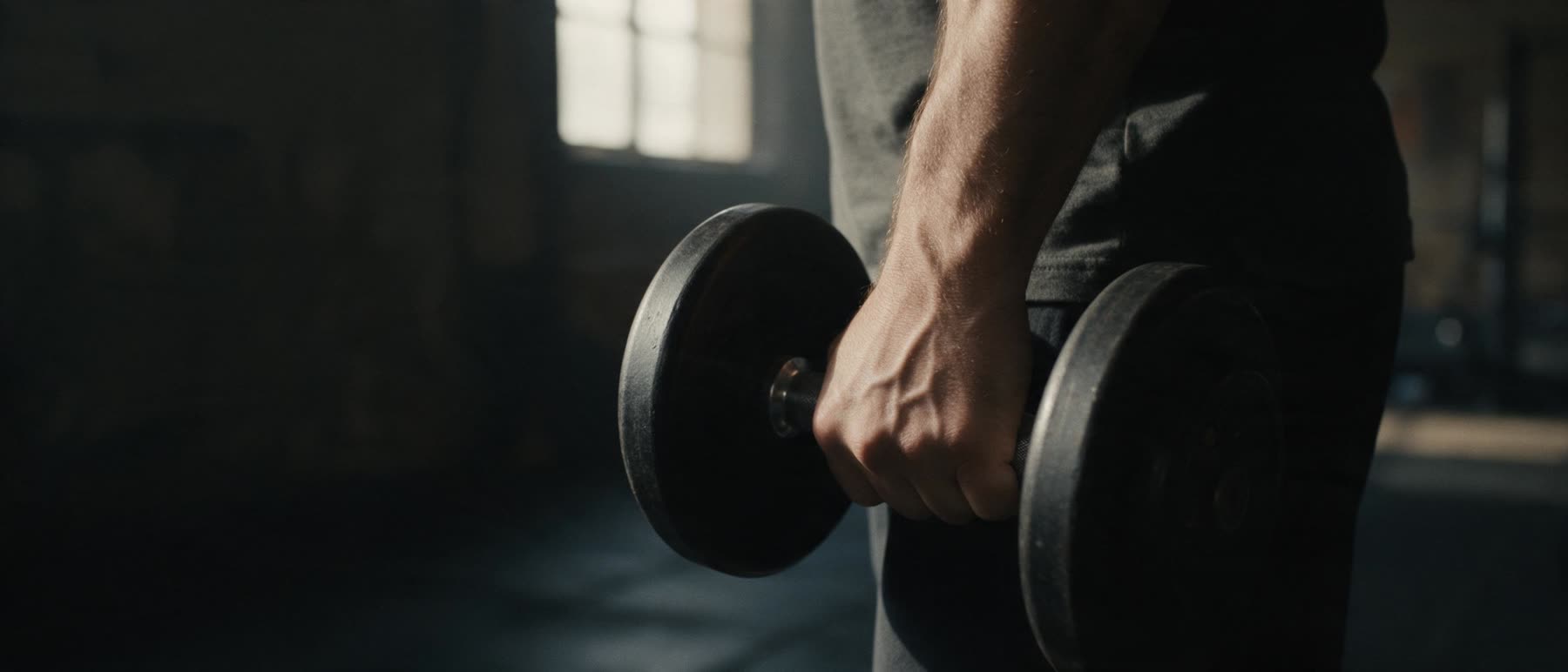 Primer plano del antebrazo de una persona sosteniendo una mancuerna en una sala de entrenamiento en penumbra